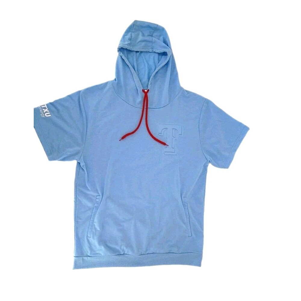 Texas Rangers TXU Energy Short Sleeve Hoodie Embossed T Logo Blue Adult XL MLB